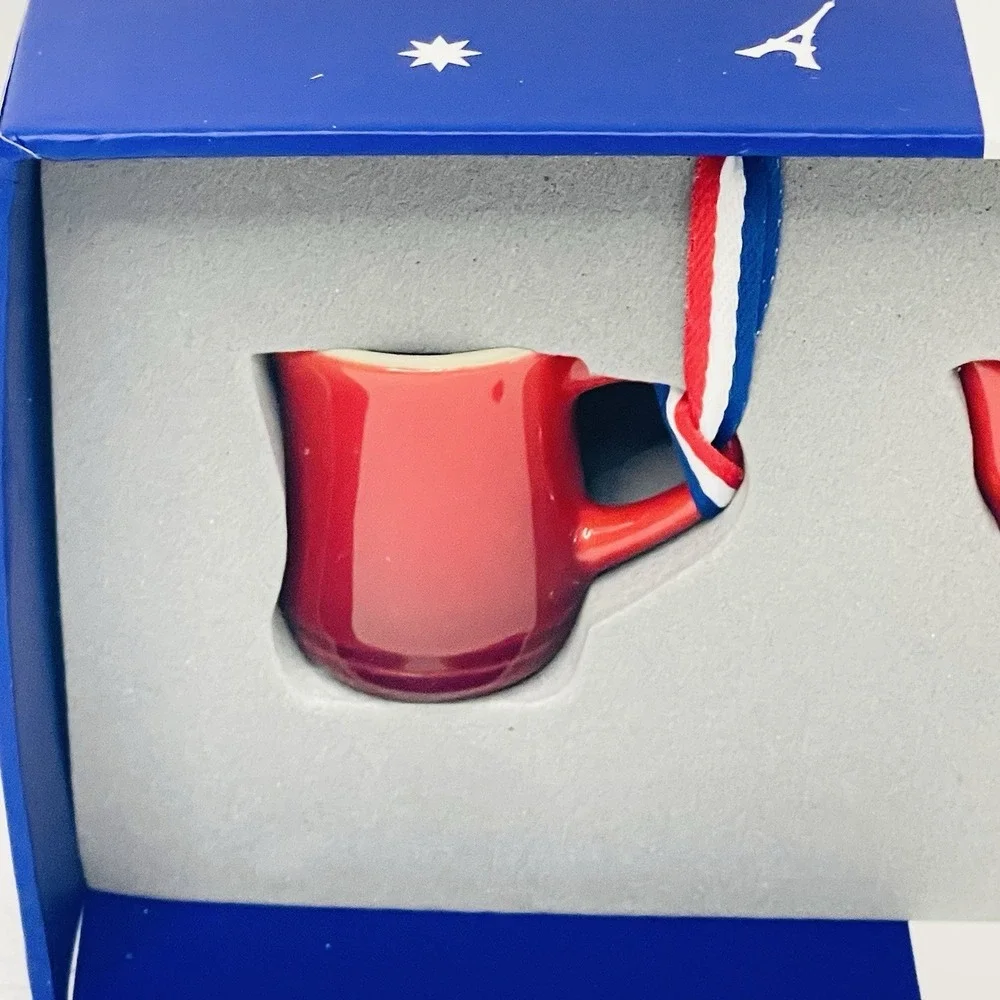Le Creuset Cerise Red Miniature Set of 3 Ornaments‎ Mug Teapot Dutch Oven NEW